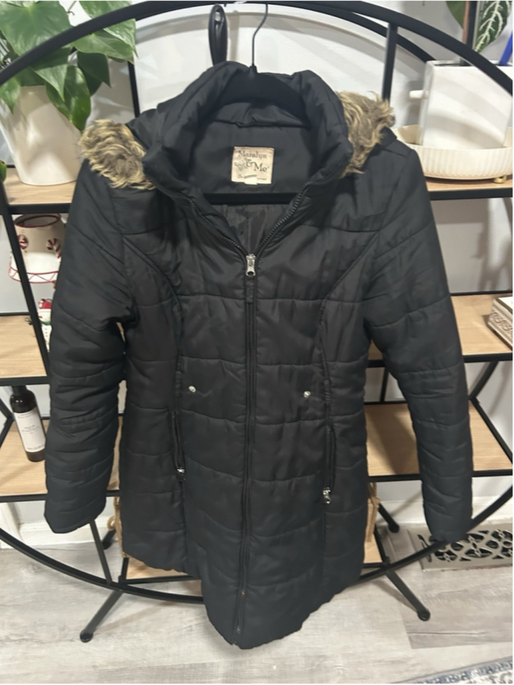 Marlyn and Me Black Winter Jacket Faux Fur Collar Large Women's